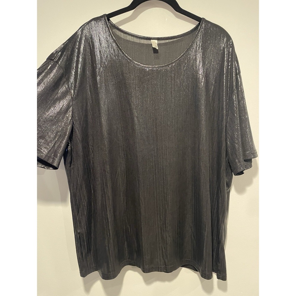 Agnes Orida Top Short Sleeve Shirt Women's Plus 1X Black Semi Sheer Shiny Dressy